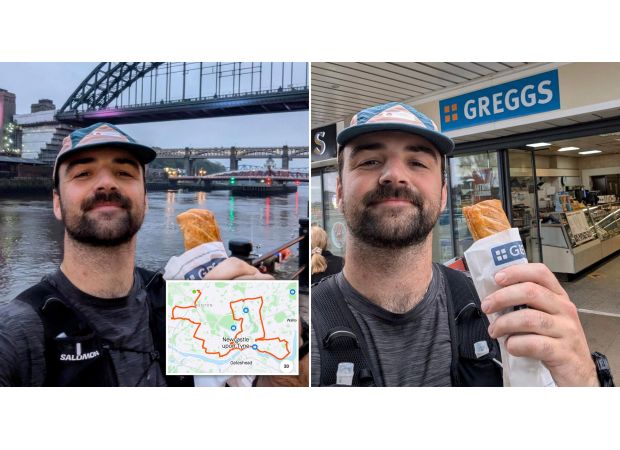 A runner who loves Greggs bakery completed a marathon while stopping at 29 different locations to eat.