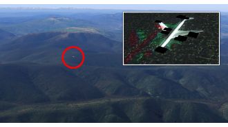 Google Earth shows a puzzling sight: a plane with blacked-out windows flying over a remote area.