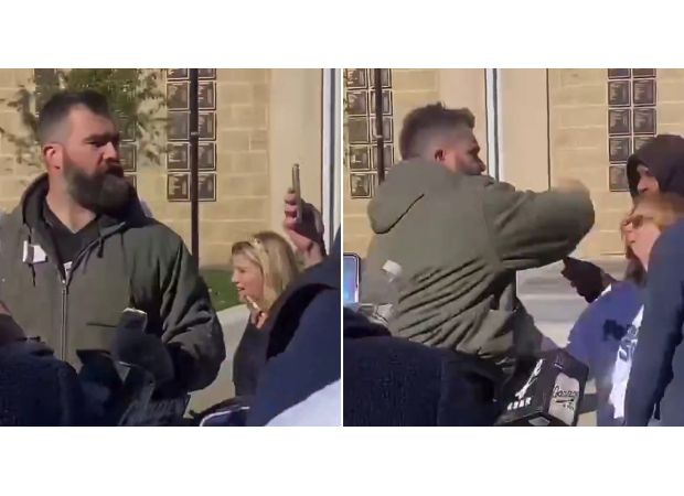 Jason Kelce defends brother Travis after he is called homophobic for dating Taylor Swift by a heckler.