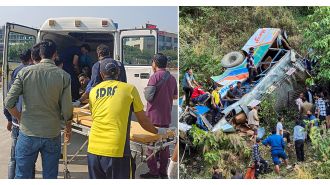 Over 30 people killed in bus accident, falling 200ft into ditch.