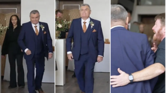 Proud dad struts down aisle, only to realize funny error.