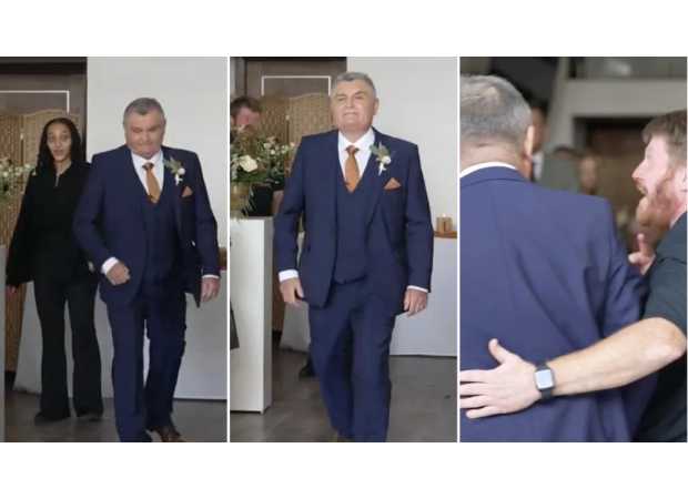 Proud dad struts down aisle, only to realize funny error.