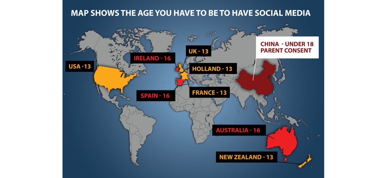The map displays minimum age requirements for social media use worldwide.