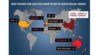 The map displays minimum age requirements for social media use worldwide.