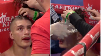 Boxer receives surprise grooming during match when he is forced to get a haircut.