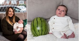 A woman has a baby weighing more than 11 pounds, which is as heavy as a bowling ball.