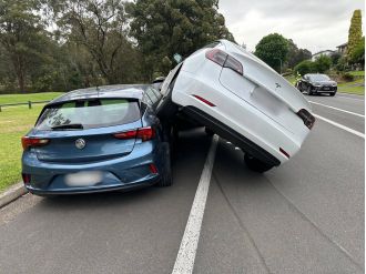 Alert issued as Tesla discovered perched on top of different vehicle in Sydney road.