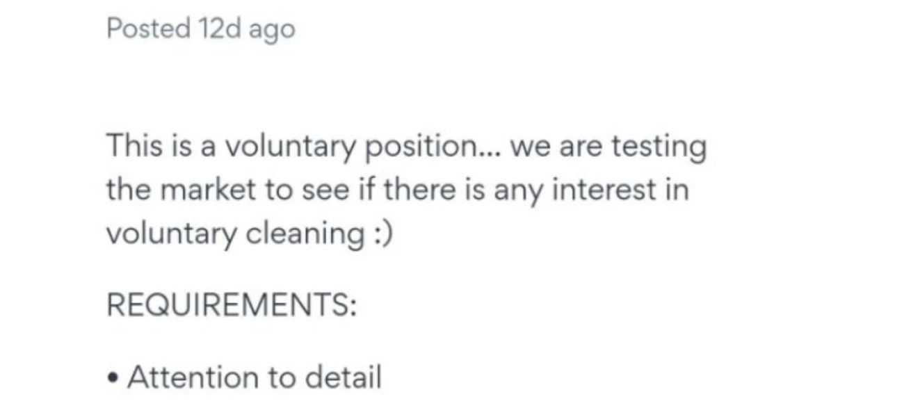 New Zealand cleaning company removes ad for unpaid cleaner.