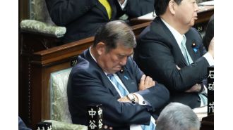 Japan's leader falls asleep during own re-election.