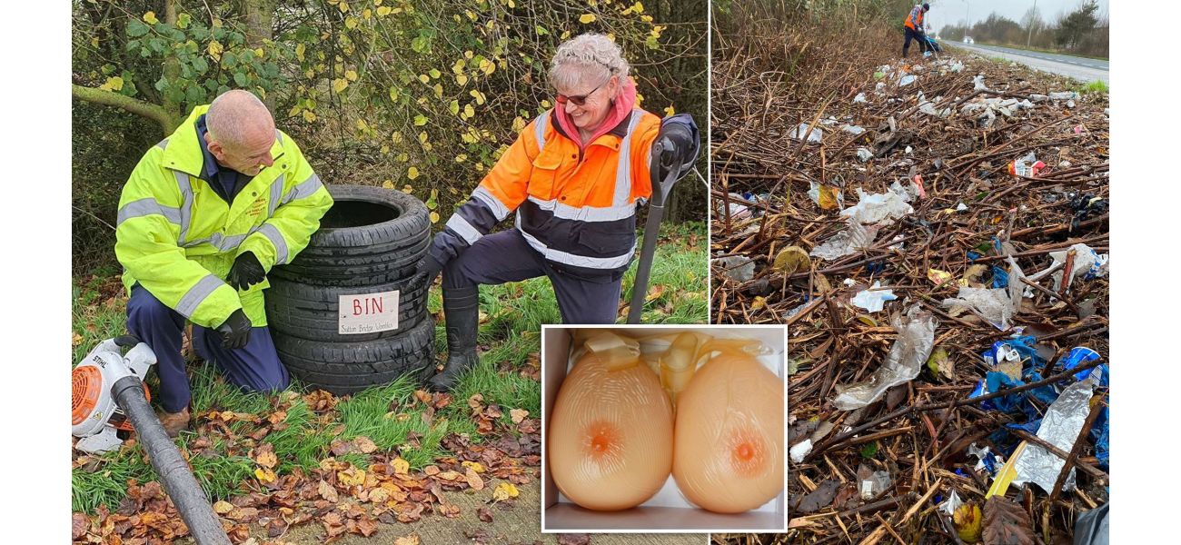 Two litter pickers discover fake breasts abandoned in a roadside rest area.