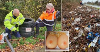 Two litter pickers discover fake breasts abandoned in a roadside rest area.