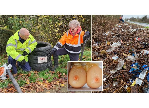 Two litter pickers discover fake breasts abandoned in a roadside rest area.