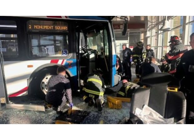 Someone was taken to the hospital by helicopter following a bus accident at a building in Fitchburg.