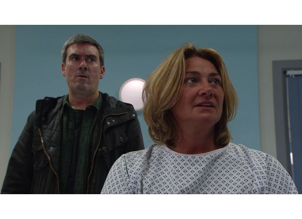 Cain is bloody and Moira is taken to the hospital for surgery in Emmerdale.