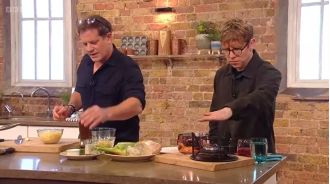 Celebrity from Strictly Come Dancing reprimanded for strange choice to touch stove on weekend cooking show.