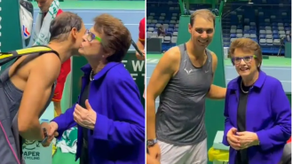 Tennis legend Rafael Nadal receives a kiss from Billie Jean King in a touching video before his retirement.