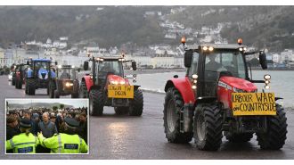 Furious farmers on tractors protest outside Labour conference, demanding change.