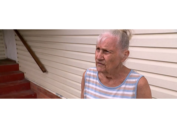 Possible paraphrase: A car, believed to be stolen, crashes into a house in Queensland, causing great distress to a woman.