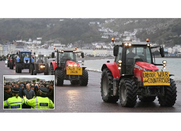 Furious farmers on tractors protest outside Labour conference, demanding change.