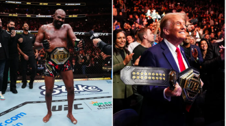 UFC fighter Jon Jones copies Donald Trump's dance moves in front of the future president at UFC 309.