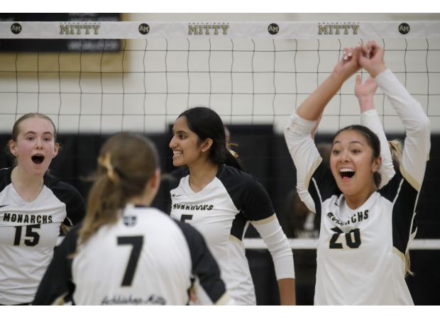 Archbishop Mitty wins against Rocklin in NorCal Open volleyball semis, welcoming former coach Bret Almazan-Cezar.