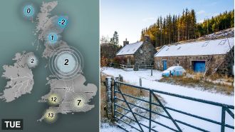 UK map shows -2°C temperatures and snow coming.