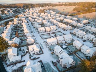 The snowy rooftops in this photo are completely normal.