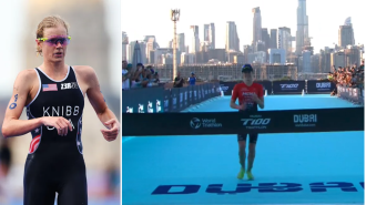 Athlete overcomes embarrassing bathroom incident to win World Championship in triathlon.