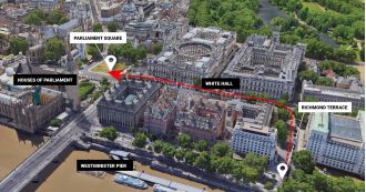 A map of London displays the location of a protest rally against farm inheritance tax.