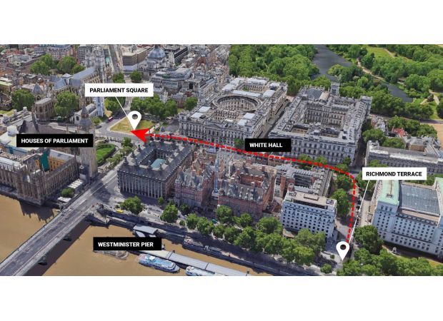 A map of London displays the location of a protest rally against farm inheritance tax.