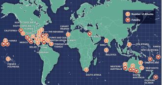 The map displays 2024 shark attacks following a fatal attack on a rugby player.