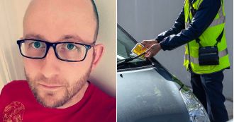 A man's good deed of helping a woman who fell and broke her hip results in a £155 parking fine.