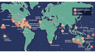 The map displays 2024 shark attacks following a fatal attack on a rugby player.