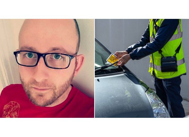 A man's good deed of helping a woman who fell and broke her hip results in a £155 parking fine.