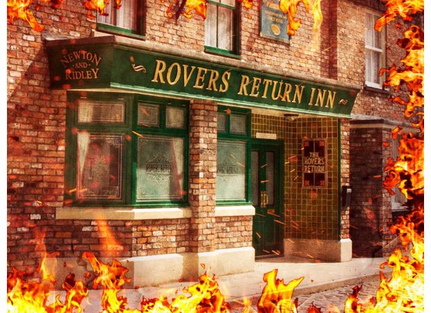 Photos during filming of Coronation Street seem to reveal that some characters will be involved in a large fire.