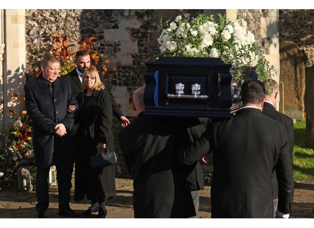 Liam Payne's mother cries as friends and family members say goodbye to the former One Direction singer.