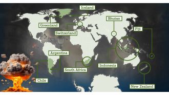 A map displays the safest countries in the world during a potential World War III.
