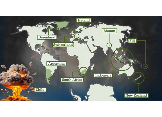 A map displays the safest countries in the world during a potential World War III.