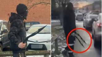 A man wearing a mask and carrying zombie knives was seen outside a school, causing students to be instructed to evacuate.