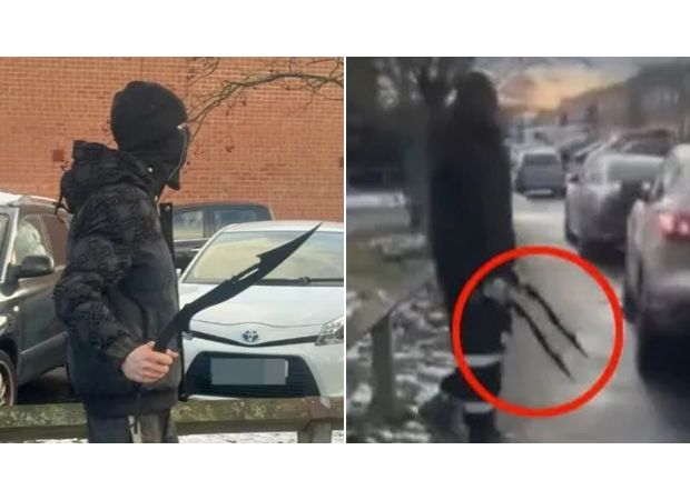 A man wearing a mask and carrying zombie knives was seen outside a school, causing students to be instructed to evacuate.