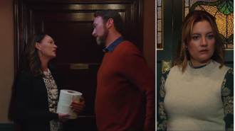 A furious Ella catches Chas and Liam together in the soap opera Emmerdale.