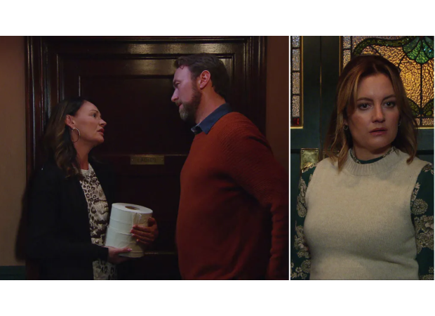 A furious Ella catches Chas and Liam together in the soap opera Emmerdale.