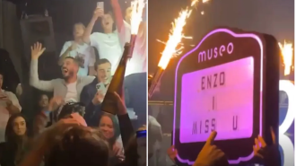 Leicester City players celebrate in nightclub after Chelsea loss while standing next to a message from Enzo Maresca.