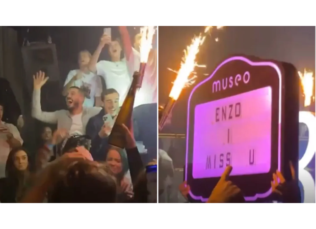 Leicester City players celebrate in nightclub after Chelsea loss while standing next to a message from Enzo Maresca.