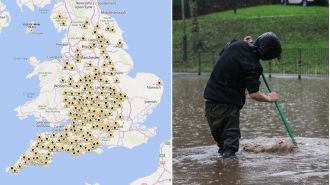 A map displays 159 current flood warnings in the UK.