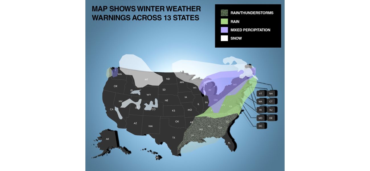 A map displays potential areas for heavy snowfall of 6 feet in 13 US states within a few days.