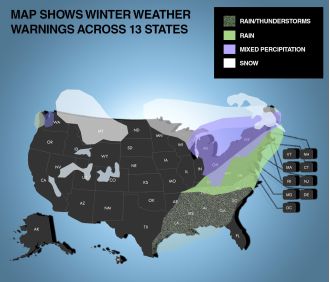 A map displays potential areas for heavy snowfall of 6 feet in 13 US states within a few days.