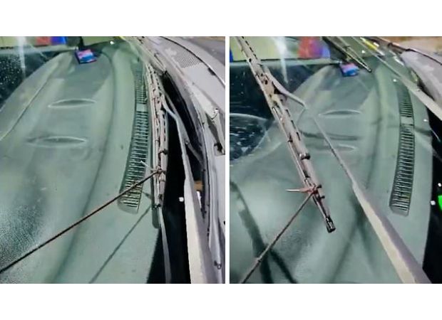 Man caught using shoelaces to control wipers during storm.