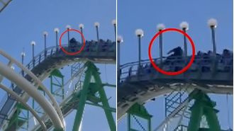 Man escapes moving roller coaster with seconds to spare after safety bar becomes unfastened.