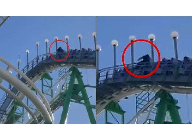 Man escapes moving roller coaster with seconds to spare after safety bar becomes unfastened.